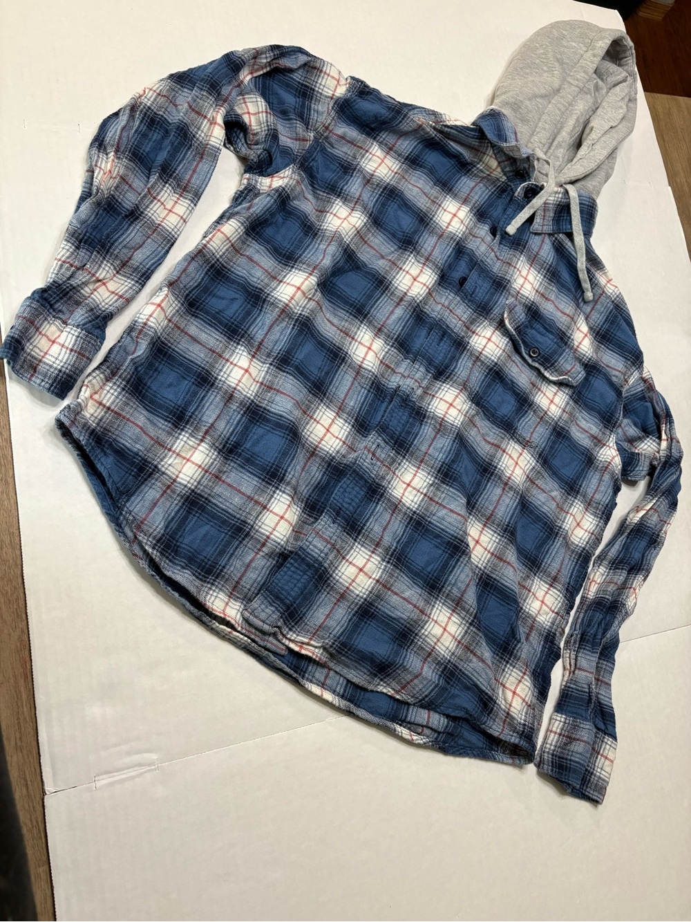 American Eagle Outfitters Blue, Gray and White Plaid Hooded Button-Down Shirt